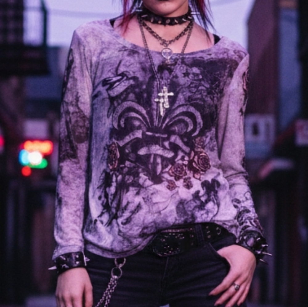 Rock & Republic L Y2K Whimsigoth Fairy Grunge Steampunk Fleur De Lis Mesh Top